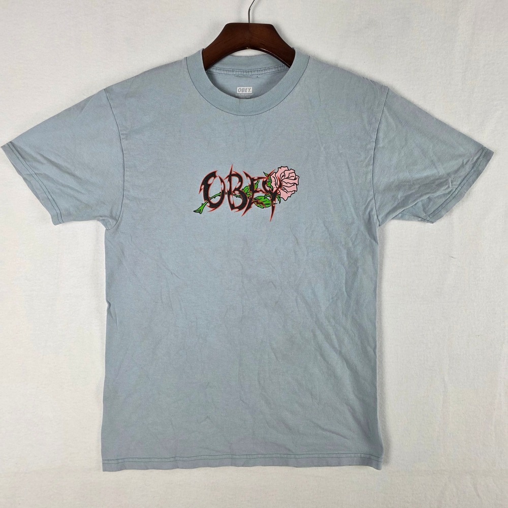 Obey Men's Light Blue Rose Thorn Metallic Cyber Graphic T-Shirt Size Small